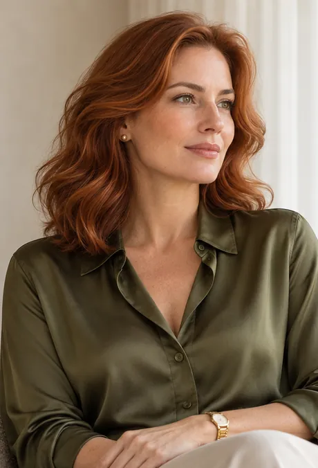 Imagem ilustrativa: mulher ruiva de blusa verde, sentada numa poltrona clara